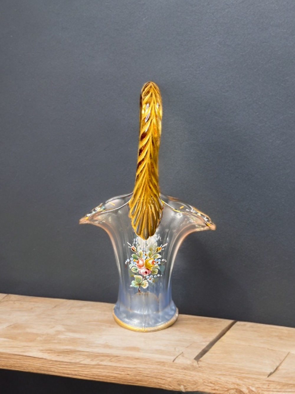 Victorian-style iridescent glass bride's basket vase. Small.